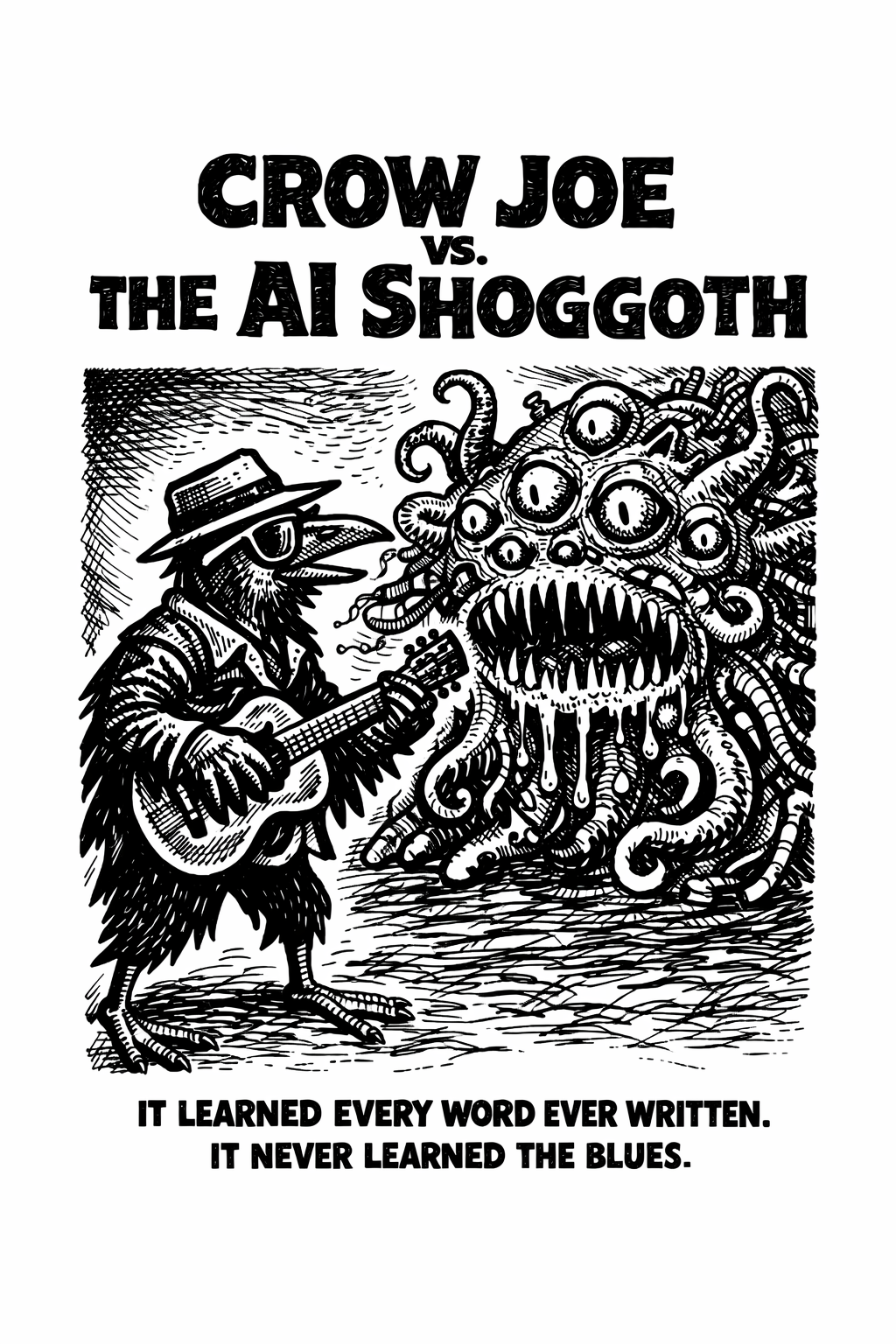 crow joe in the age of ai comic - this is a mock movie poster for crow joe the blues playing crow vs the ai shoggoth.  the tag line reads 'it learned every word ever written. it never learned the blues.' the ai shoggoth is the early ai internet meme of the monster alien intelligence beneath the llm reinforcement learning with human feedback (rlhf) smiley face. an ai can ingest every book ever written but it will never feel the blues like crow joe